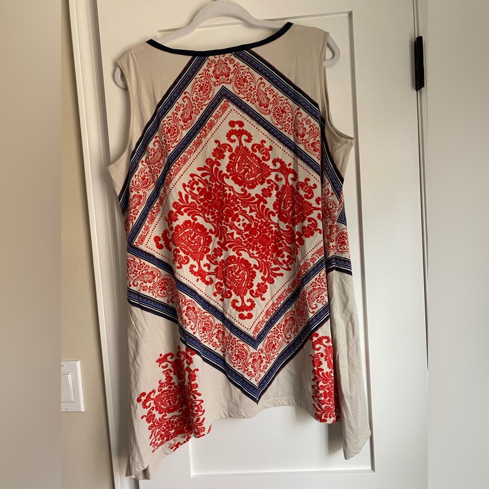 Style&com Asymmetrical Women's Sleeveless  Red/Tan Patterned Tribal Top tunic 1X - Picture 4 of 7